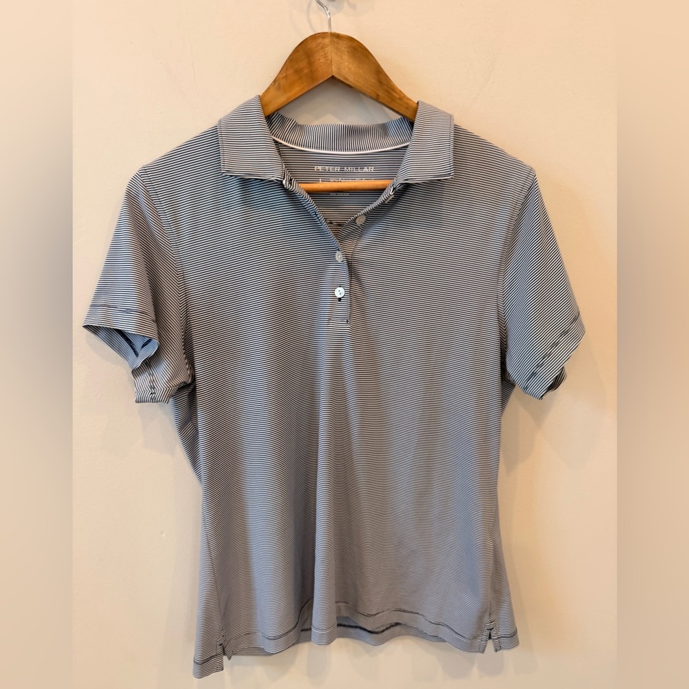 Peter Millar Women’s Polo Shirt Navy White Stripe Golf UPF 50+ Size‎ Large